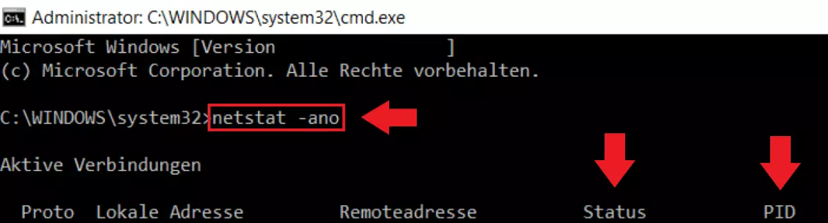 Bild: Geben Sie den cmd-Befehl netstat -ano in die Eingabeaufforderung ein.