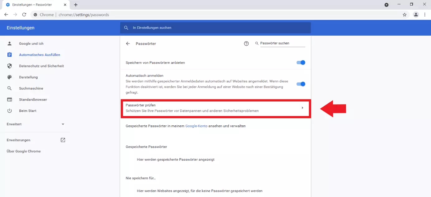 Bild: Google Chrome: Menü „Passwörter“, Funktion „Passwörter prüfen“