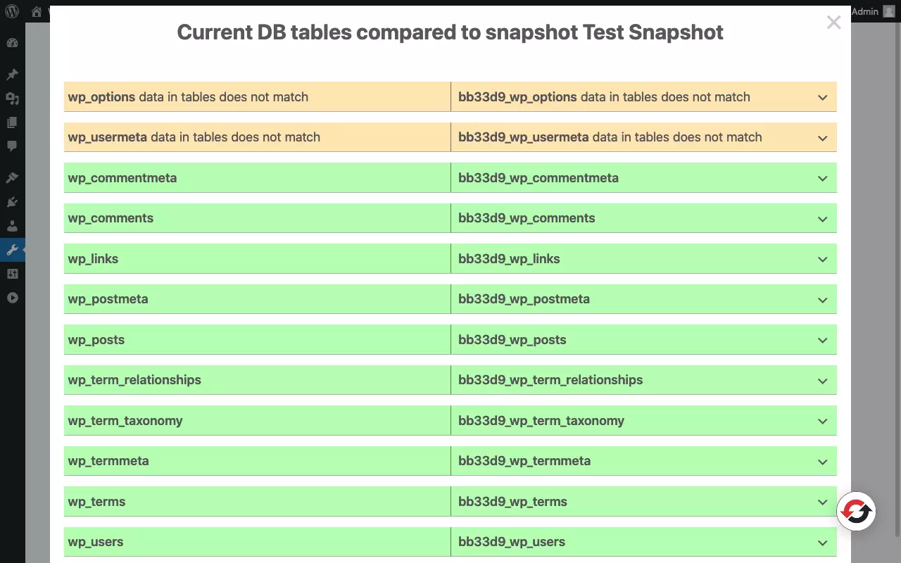 Bild: Screenshot der Snapshot-Seite des „WP Reset“-Plugins mit Snapshot-Vergleich