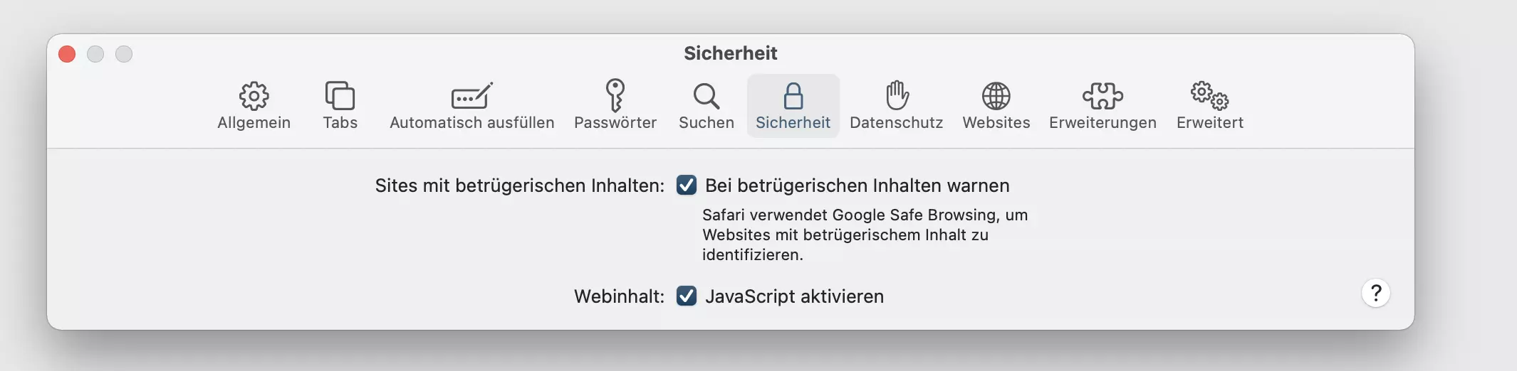 Screenshot der Sicherheitseinstellungen von Safari Bild: Screenshot der Sicherheitseinstellungen von Safari