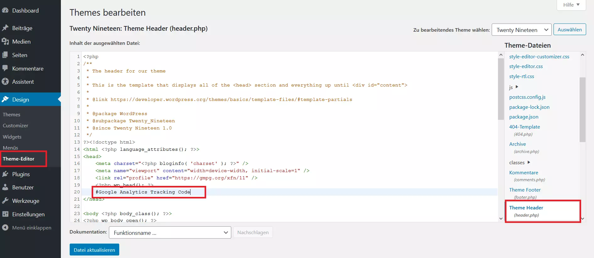 Bild: header.php des WordPress-Themes