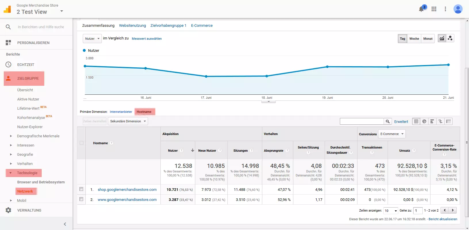 Bild: Google-Analytics-Demokonto: Netzwerkbericht