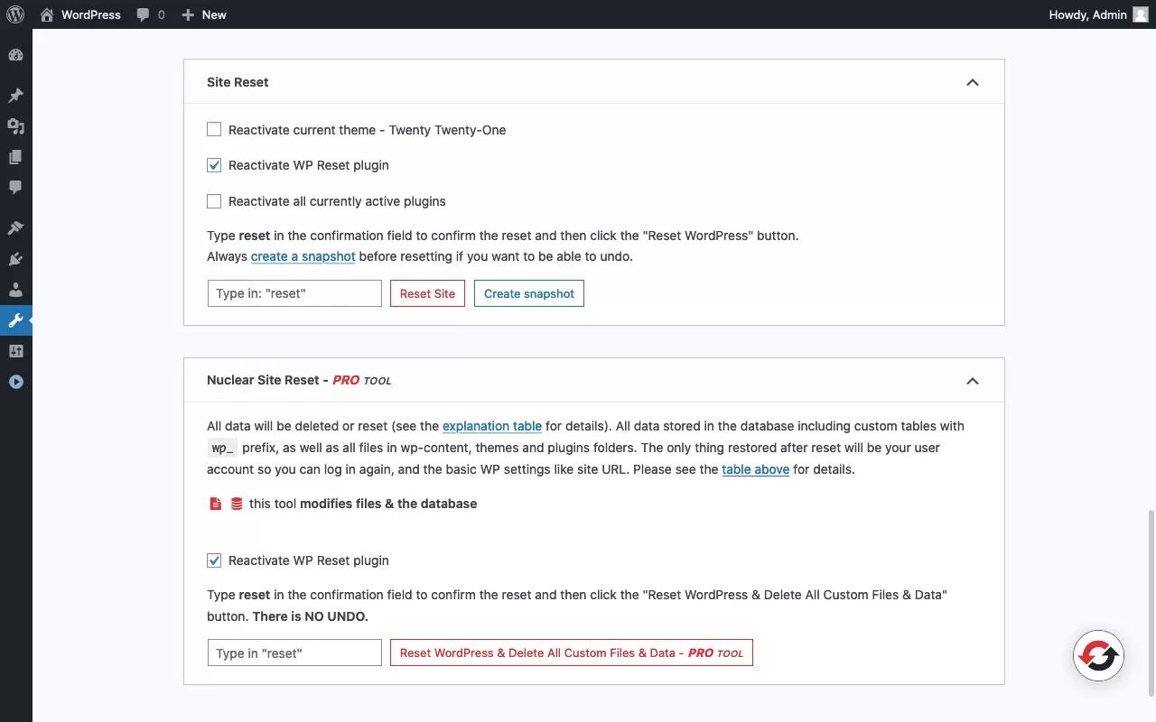 Bild: Screenshot der Reset-Seite des „WP Reset“-Plugins