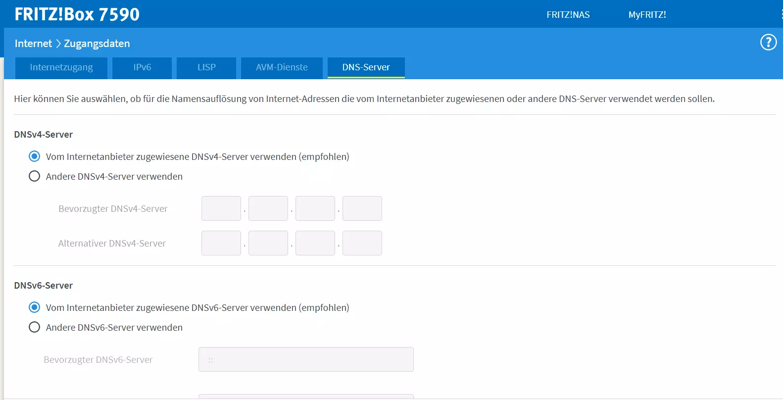 Bild: Administrationsbereich einer Fritz!Box 7590 mit Einstellungsmöglichkeiten für den DNS-Server
