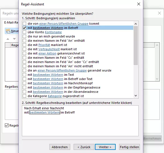 Outlook-Regel-Assistent: Auswahl der Bedingung Bild: Outlook-Regel-Assistent: Auswahl der Bedingung